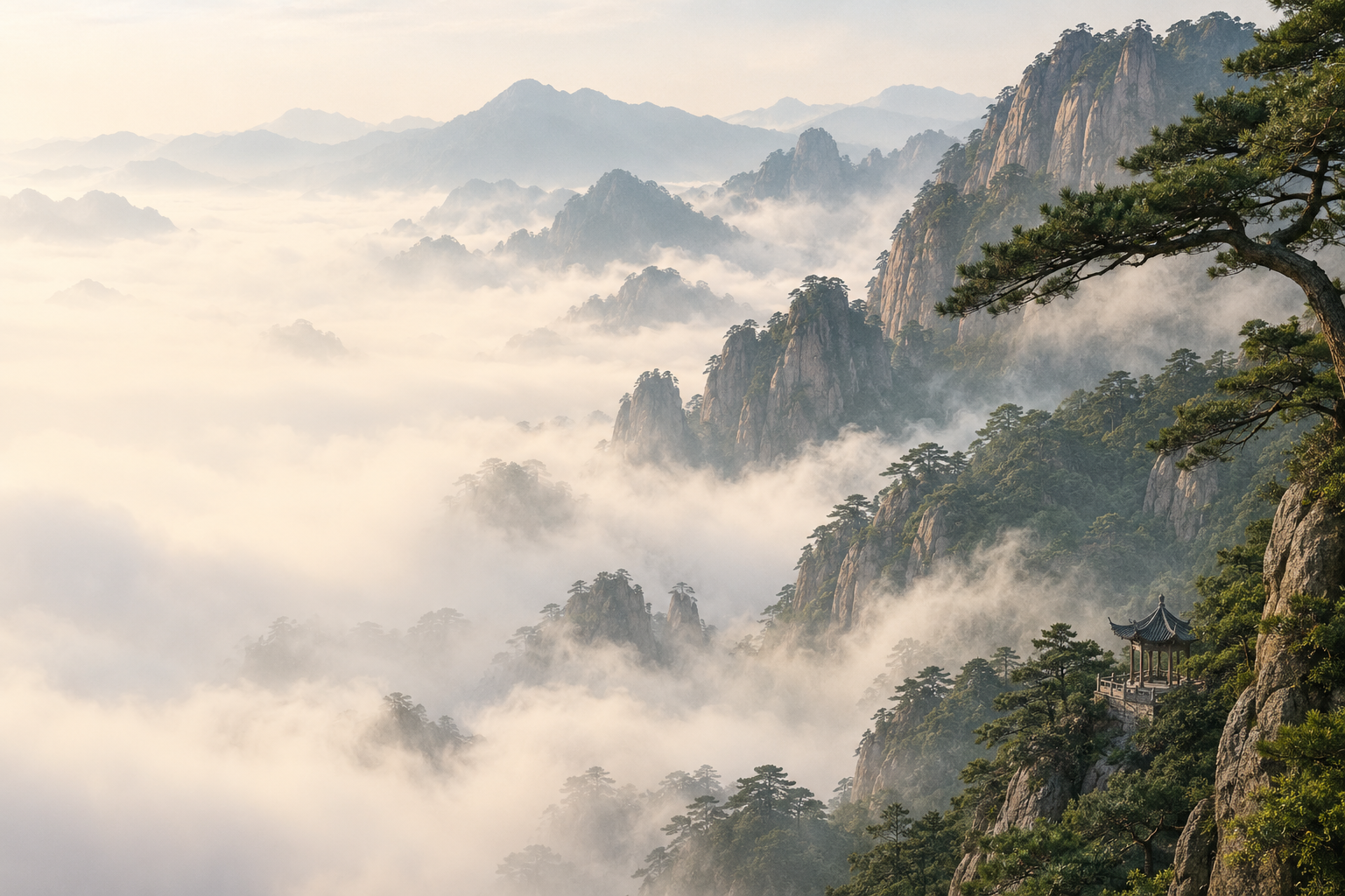 晨雾环绕的青山、松树与山间小亭
